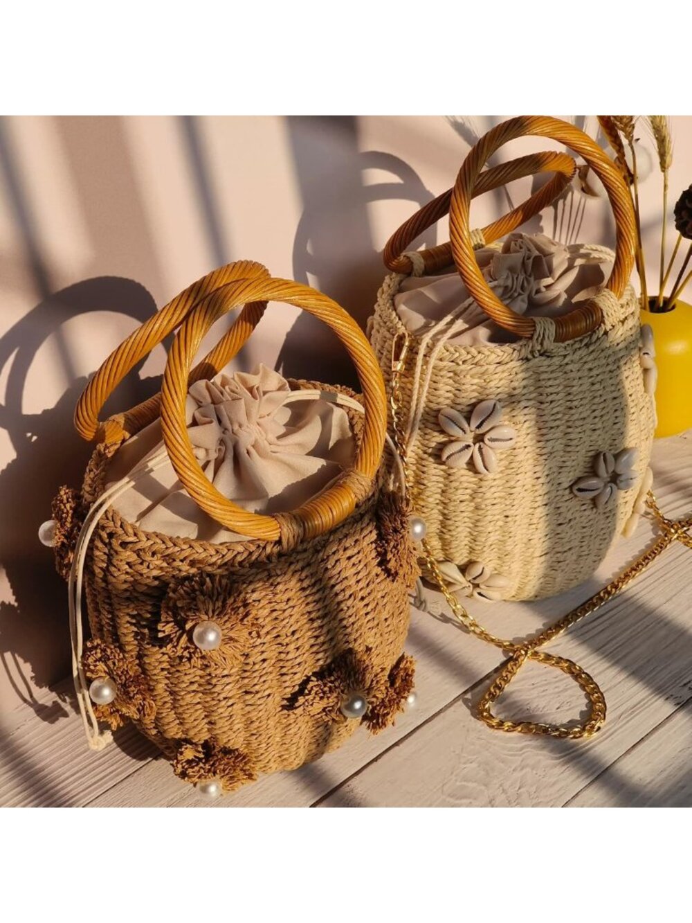 Chic Flower Pearls Rattan Tote Bag | Summer Beach Drawstring Straw Bucket Bag - Picture 7 of 10